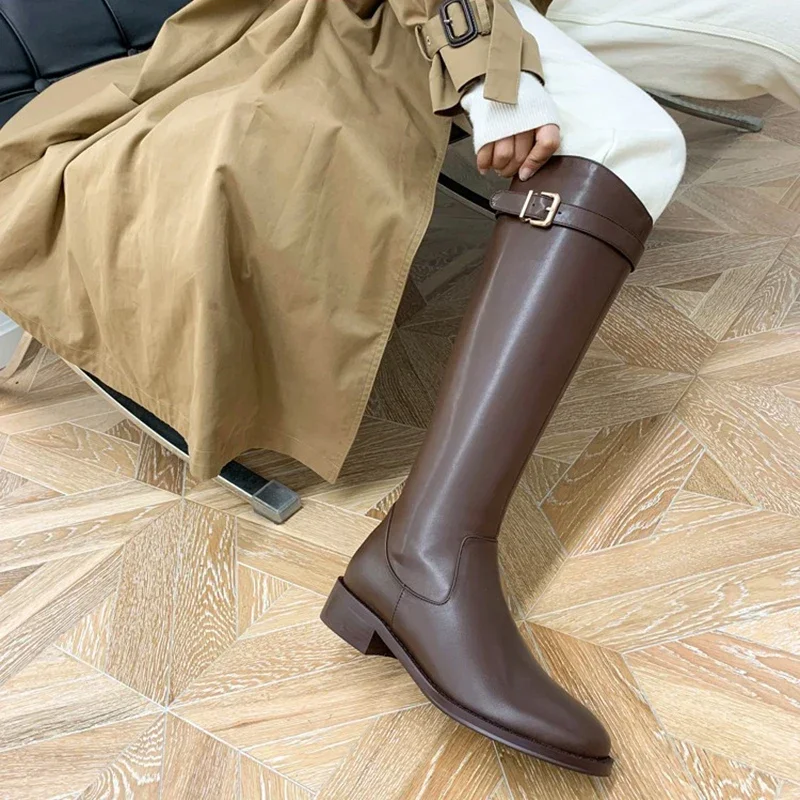 Vintage Women Slim Knee-High Boots Fashion Belt Buckle Shoes Autumn Low Heel Ladies Modern Long Booties image 2