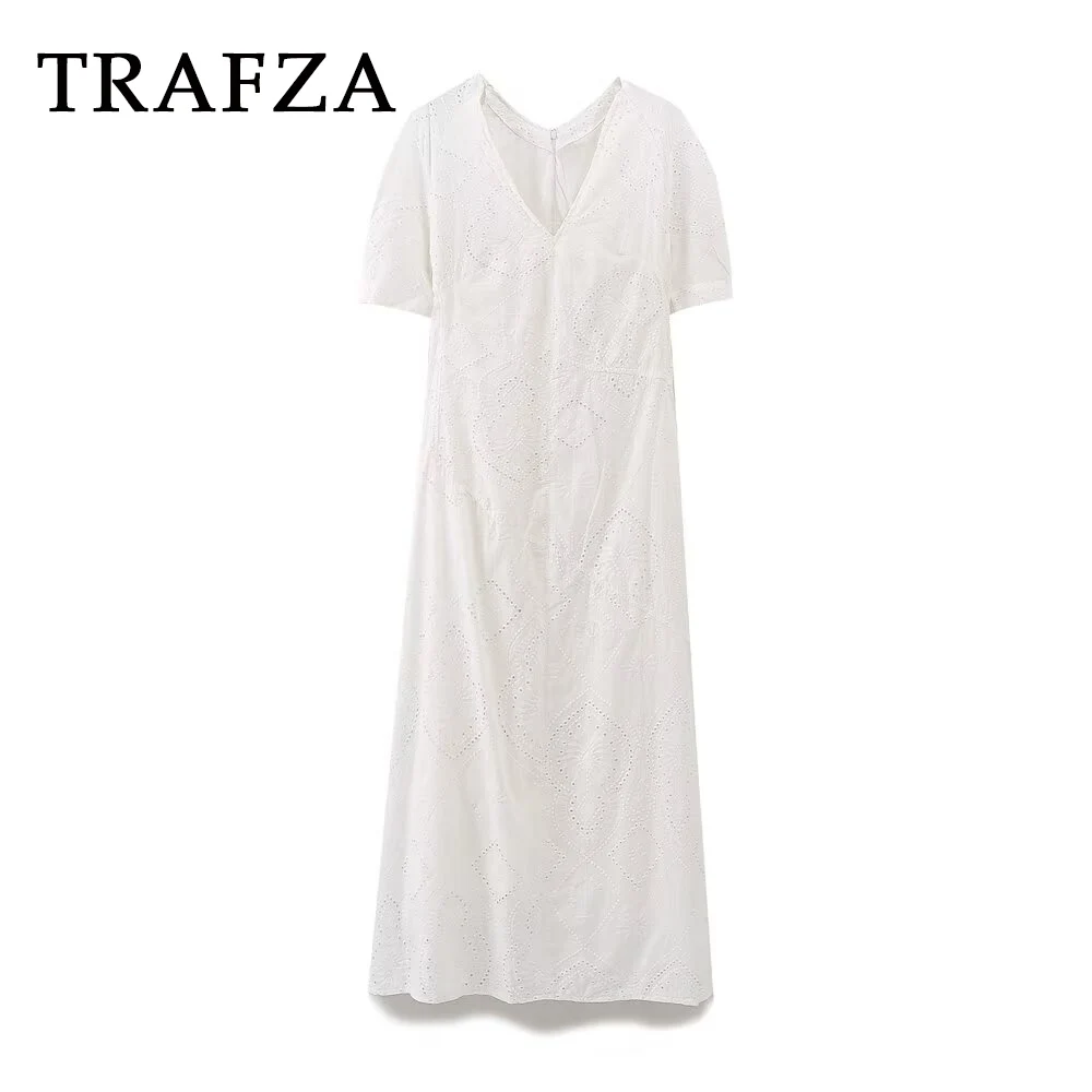 

TRAFZA Casual Solid 2025 Summer Woman Dress Fashion Short Sleeve Zipper Dress V-Neck Holiday Loose Long Draped Mujer Vestidos
