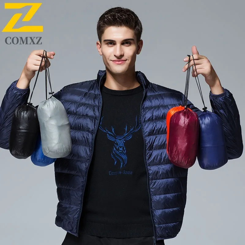 COMXZ الرجال أسفل سترة الشتاء العصرية الوقوف طوق التنقل مكتب معطف منتفخ الأبيض بطة أسفل الدافئة جيب كبير معاطف متعددة الاستخدامات