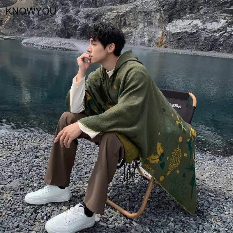 Hooded Capes for Men Christmas Deerlet Gift Poncho Men Warm Cashmere Blend Shawl Tassels Jacket Casual Outwear Pashmina