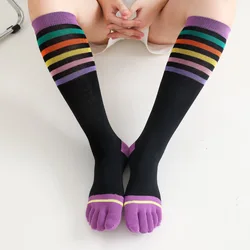 Colorful Calf Socks with Toes Soft Cotton Long Tube Striped Spring Autumn Warm 5 Finger Stockings Young Womens Girls Fashions