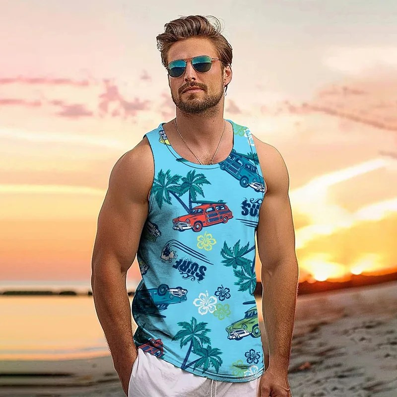 vintage Summer 3D Printed New Tropical Leaves Tank Top Men Coconut Trees Graphic Tank Tops Fashion Cool Streetwear Clothing Vest