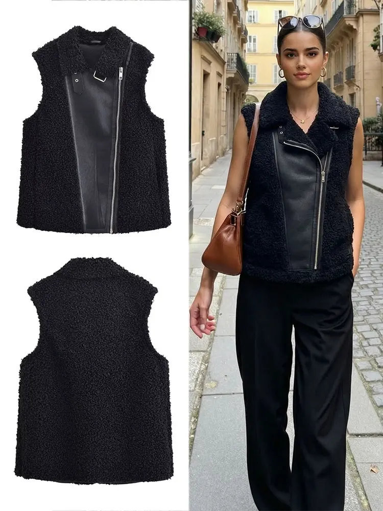

HH Women Vintage Black Faux Fur Leather Waistcoat Elegant Faux Wool Fleece Sleeveless Zipper Vest Female Fashion Streetwear