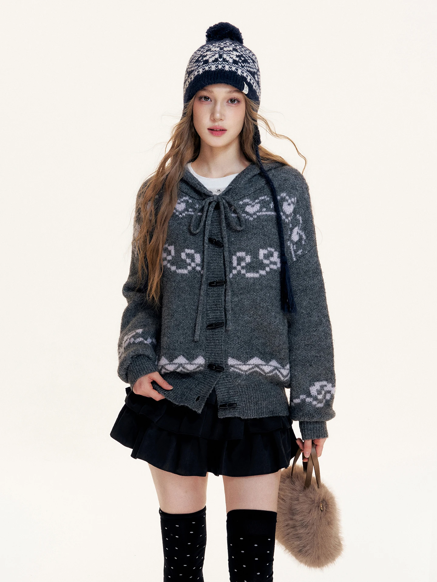 

6DEWS Fair Isle Knitted Hat Coat Loose Women's Long Sve V-Ne Geometric Pattern Sweater Outerwear Nylon Fabric