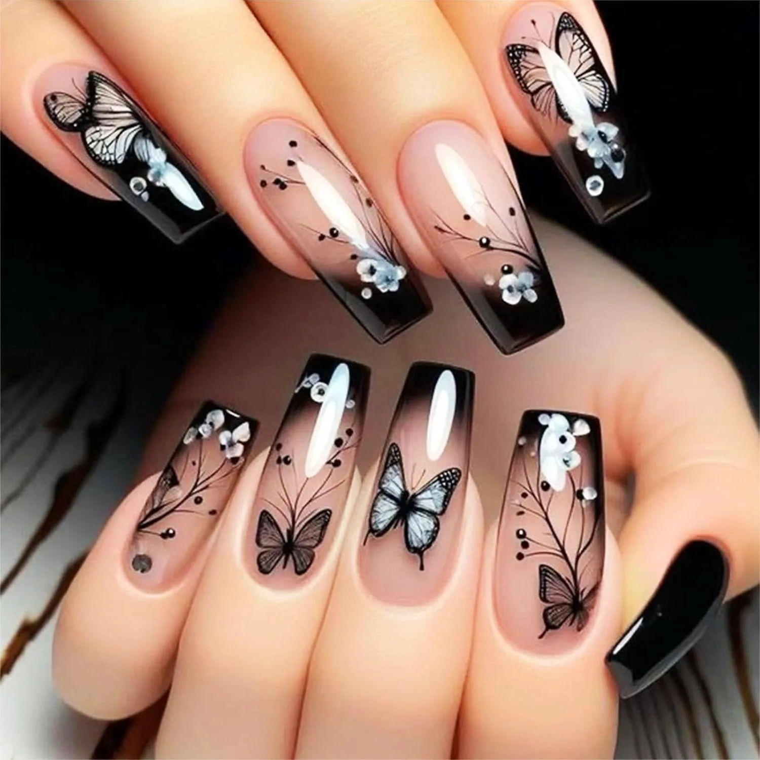 24pcs Black Butterfly Press on Nails Glossy White Flower Medium Coffin False Nails Gradient Acrylic Full Cover Fake Nails French