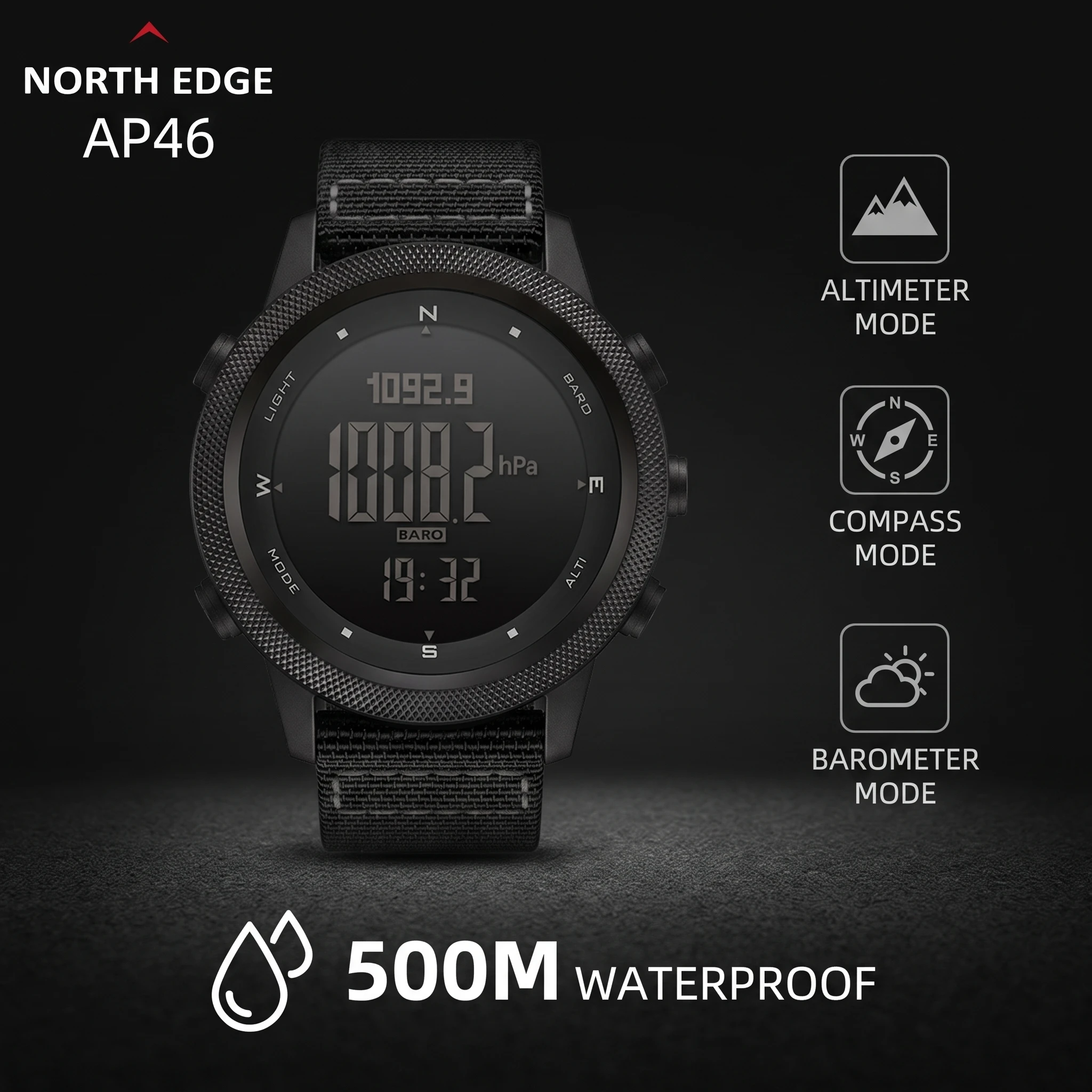AP46 Outdoor Sports Watch for Men Digital Altimeter Barometer Compass World Time 50M Waterproof Survival Electronic Clock