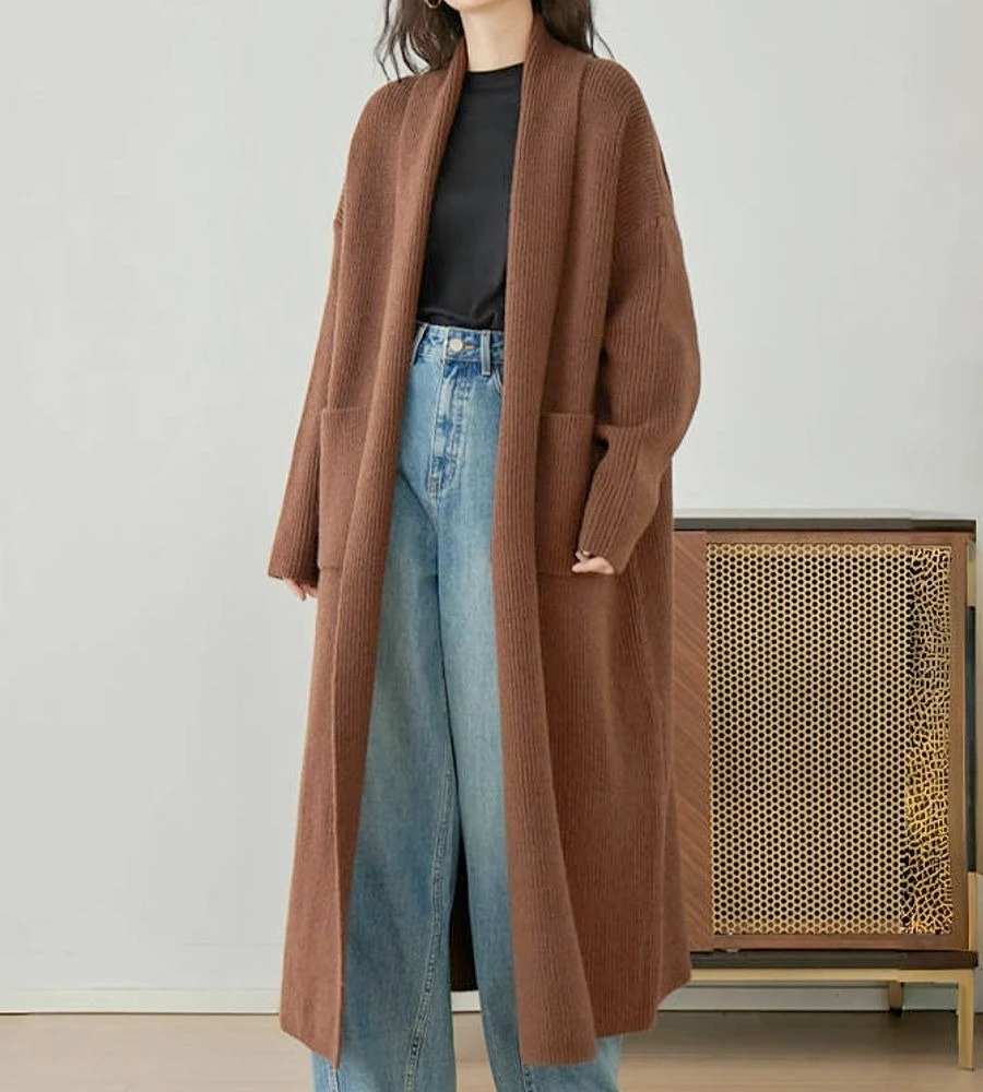 

Brown High-end V-neck Long Knitted Cardigan Women's Autumn and Winter New Loose Lazy Style Sweater Jacket Thick