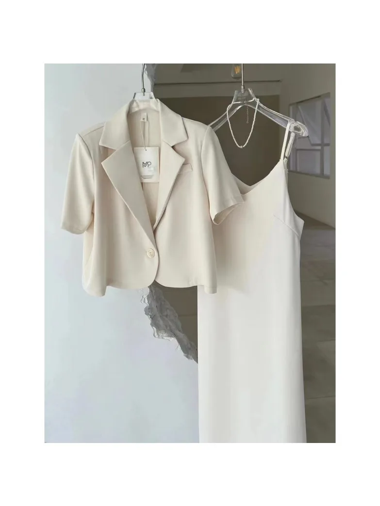 2 Piece Sets Womens Outfits Crop Blazers Jacket High Elegant Dress Suits Strap Dress Solid Summer