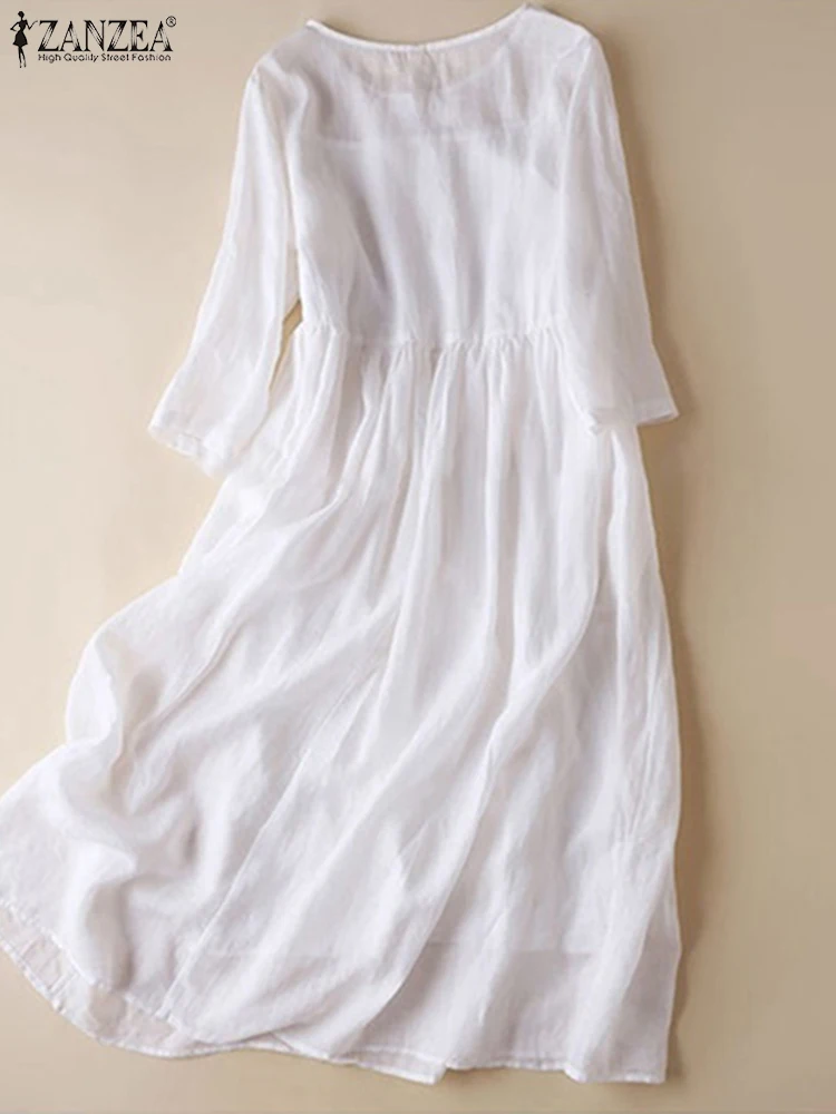 ZANZEA Women White Beach Dress Solid Summer A-line Half Sleeve Shirt Dress Casual Loose Pocket Sundress Holiday Baggy Long Robe