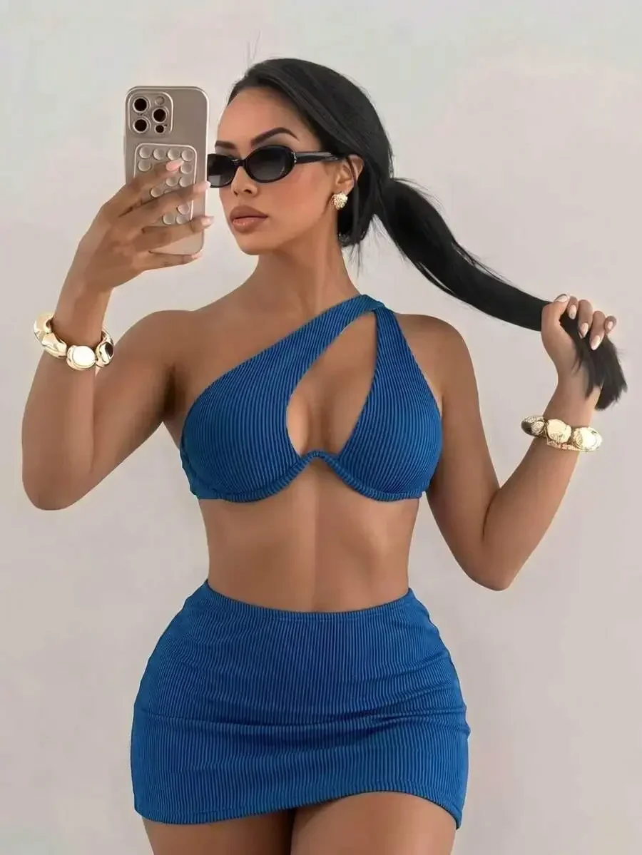 

Ribbed Cut-Out One Shoulder Bikini Set With Skirt
