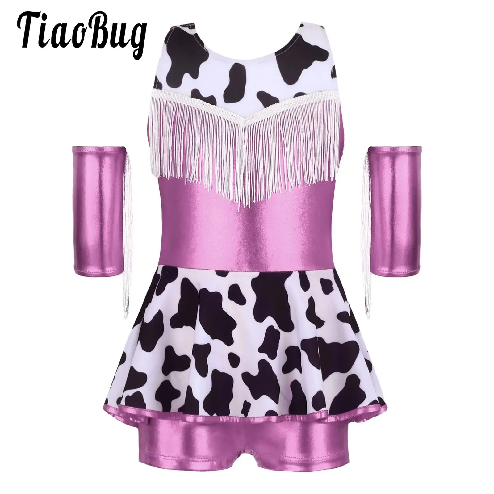 

Girls Cowgirls Cosplay Halloween Party Costume Latin Jazz Dancewear Metallic Back Cross Sleeveless Fringed Leotards Dress Sets