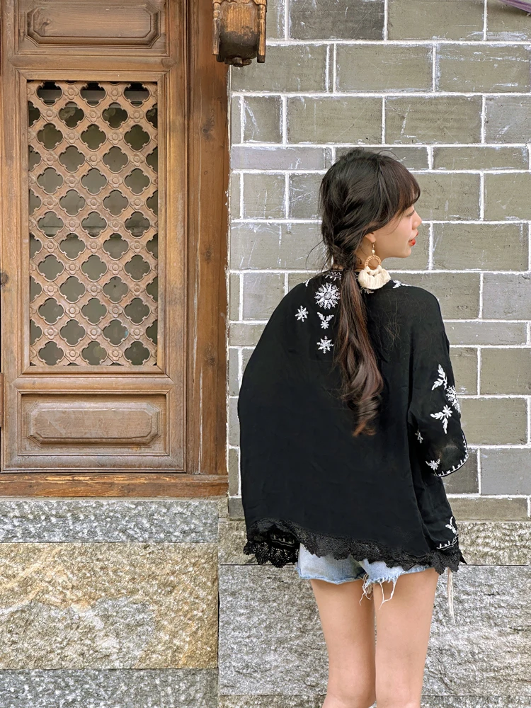 

Ele Embroidered Cotton Linen Lightweight Loose Outerwear Women's Vaion Travel Sun Protection Cardigan Versatile Spring...