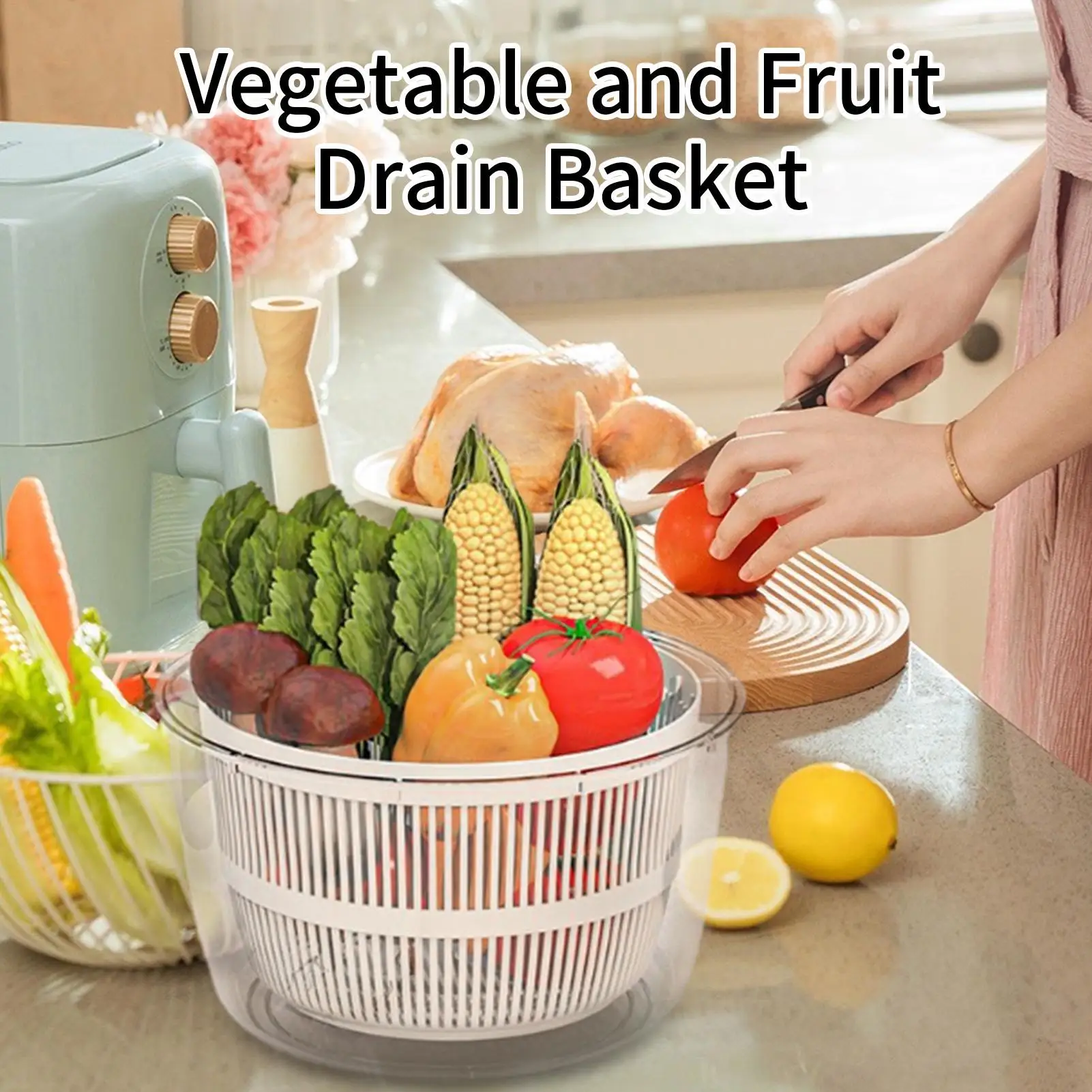 Keranjang Pencuci Buah dengan Tutup, Keranjang Cuci Sayuran, Peralatan Dapur untuk Membuat Salad Makanan, Mie, Nasi, Buah Beri, Pasta