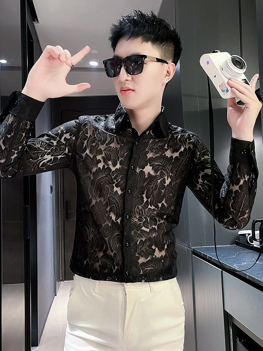 

Весенне-осенний мужской длинный свек, облегающий корейский стиль, молодежный модный брендовый кружевной стиль, повседневная мода