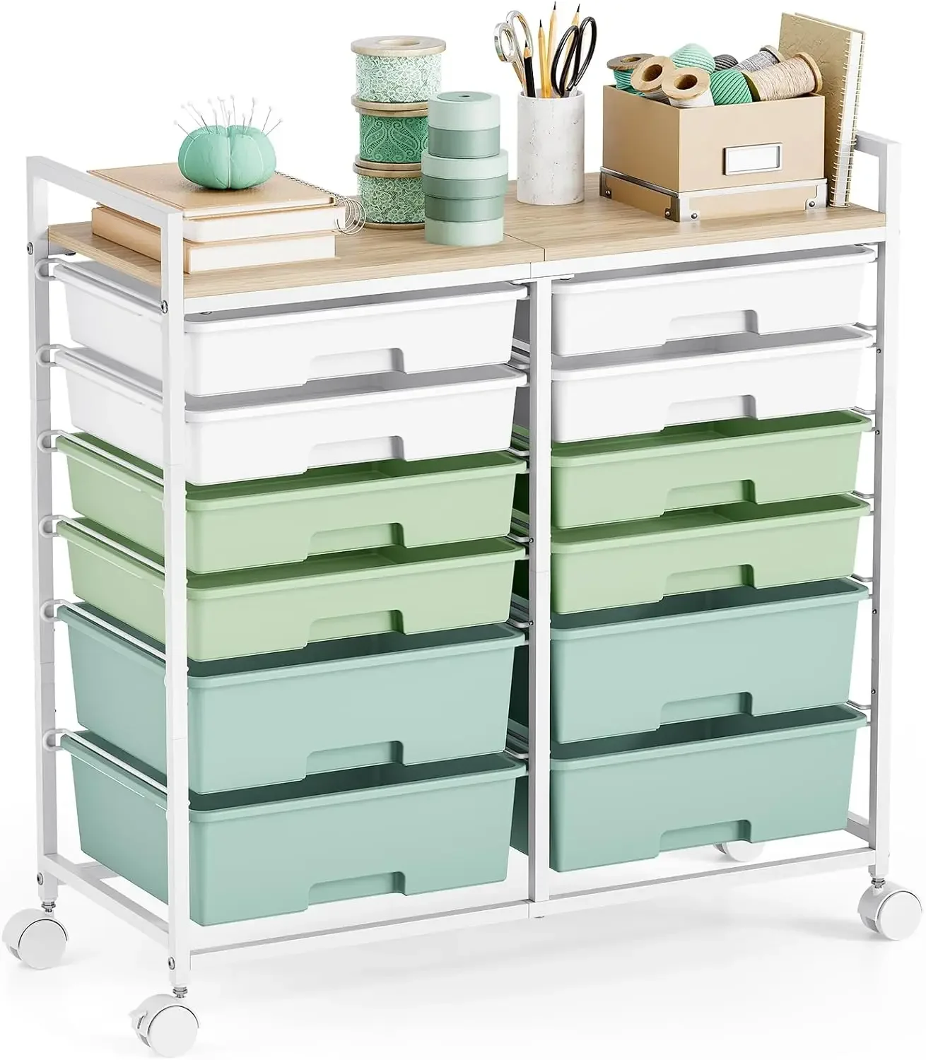 

Передвижная тележка для хранения с 12 ящиками, деревянная тележка-столик для хранения принадлежностей для рукоделия, художественных материалов и организации домашнего офиса