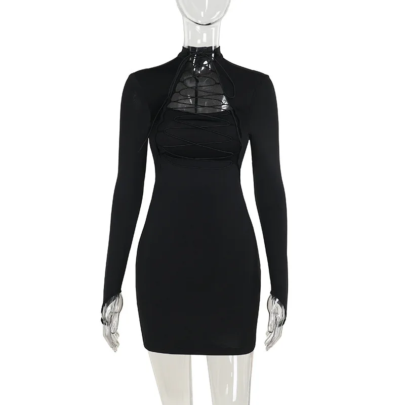 레이스업 허리 높이 넥라인 슬림핏 미스터리 파티 클럽웨어 데이트 나이트 여성용 2026 우아한 긴팔 바디콘 드레스 컷아웃