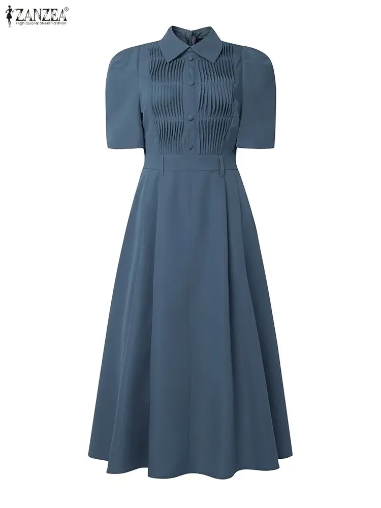 2025 ZANZEA Elegant Women Party Dresses Short Sleeve Summer Maxi Vestidos Fashion Lapel Pleated Solid Casual Loose Shirt Robe