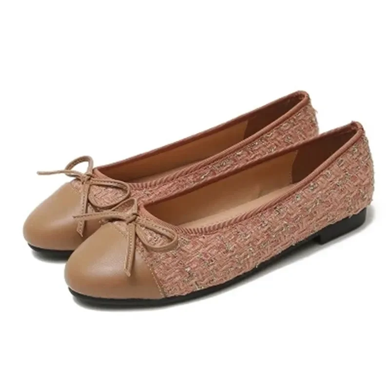 YAERNI Ladies Nubuck Leather Cloth Flats With Butterfly-Knot Slip-ons TPR Soft Bottom Ballet Shoes Patchwork Wide Fitting 44-33