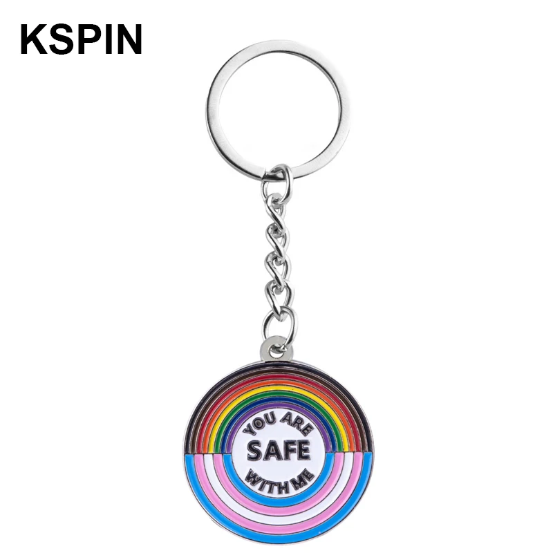 You are Safe with Me Progress Transgender Rainbow Pansexual pride Genderqueer pride Asexual Metal Key Ring Key Chain