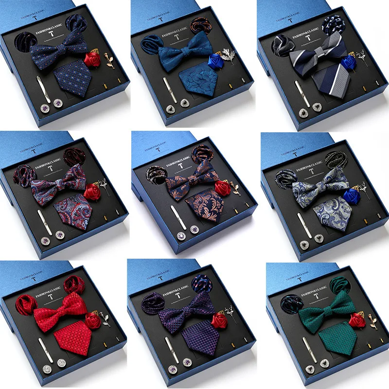 Men Elegant Green Bow Tie Groom Wedding Party Fashion Casual Versatile Classic Silk Paisley Butterfly Handkerchief Cufflinks Set