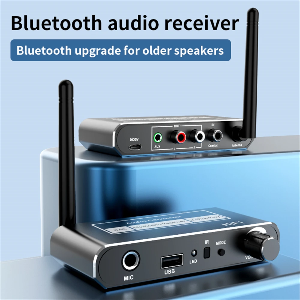 

Wireless DAC Converter Bluetooth-compatible 5.2 Receiver Audio Coaxial to R/L 3.5mm Aux Adapter with U Disk Play Mic