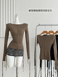 2025 Spring Women Long Sleeve Sweater Hollow Out Knitwear 2000s Jumper Korean Fashion Design Solid Color Gyaru Y2k Streetwear