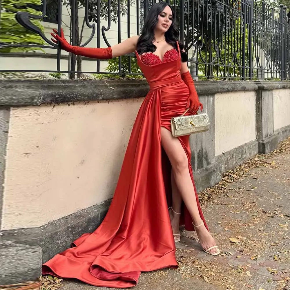 

Luxury Dresses for Special Events Satin Sheath/Column Valentine's Day Dress Orange Sweetheart Pearls Draped Split Prom Dress