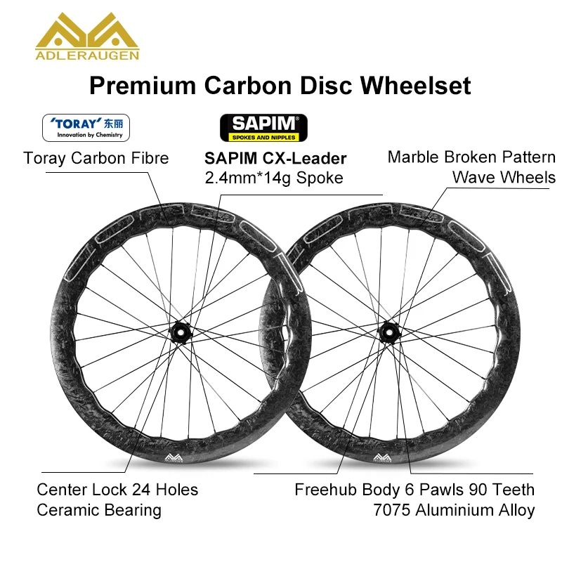 ADLERAUGEN 700c Road Wheel Carbon Wheelset Wave Ultralight Disc Brake SAPIM Spoke Ceramic Bearing Center Lock Clincher40 50 60mm