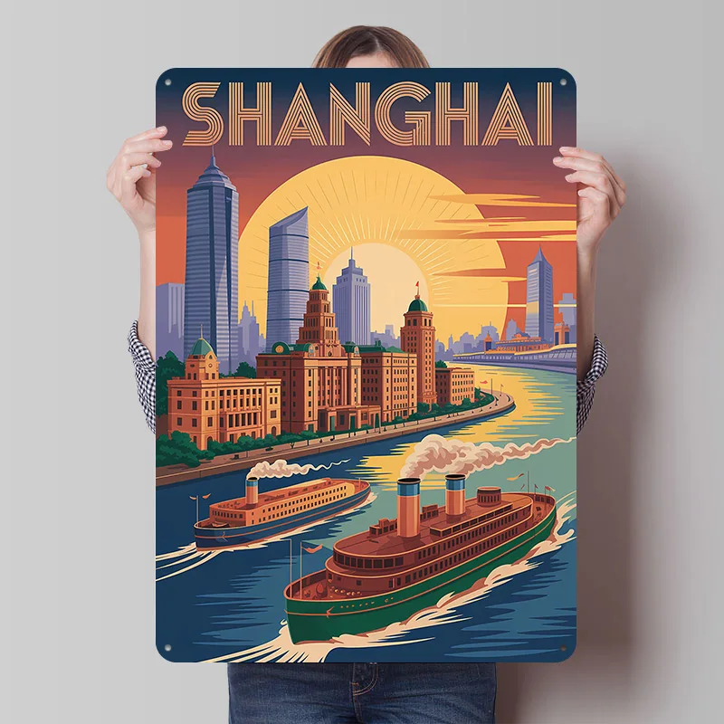 Shanghai Cityscape With River and Boats Printed Poster Customized Retro Wall Art Vintage Metal Tin Signs for Home Bathroom Decor
