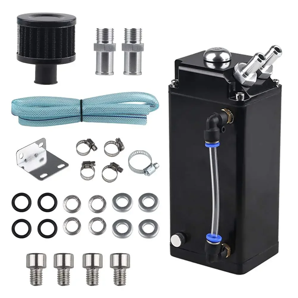 

Universal Car Engine Shape Oil Catch Can Square Aluminum 2-Ports Oil Tank Reservoir With Air Filter & SILICONE HOSE Accessories