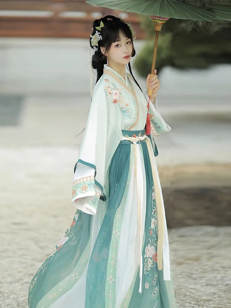 Manga comprida Hanfu Fadas Traje, Feminino, Adulto Colarinho Cruz, Cintura com cordões, Bordado, Elegante, Antigo, NT154