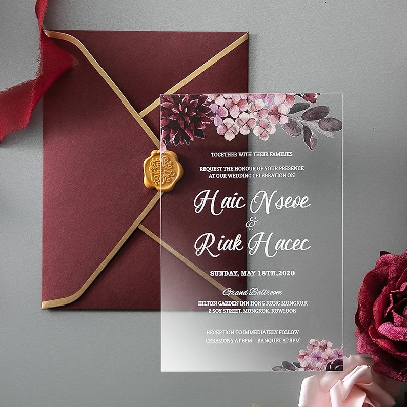 Custom luxury invitations with Envelopes wax Seal stickers Handmade Greeting cards Clear Acrylic wedding Invitation card