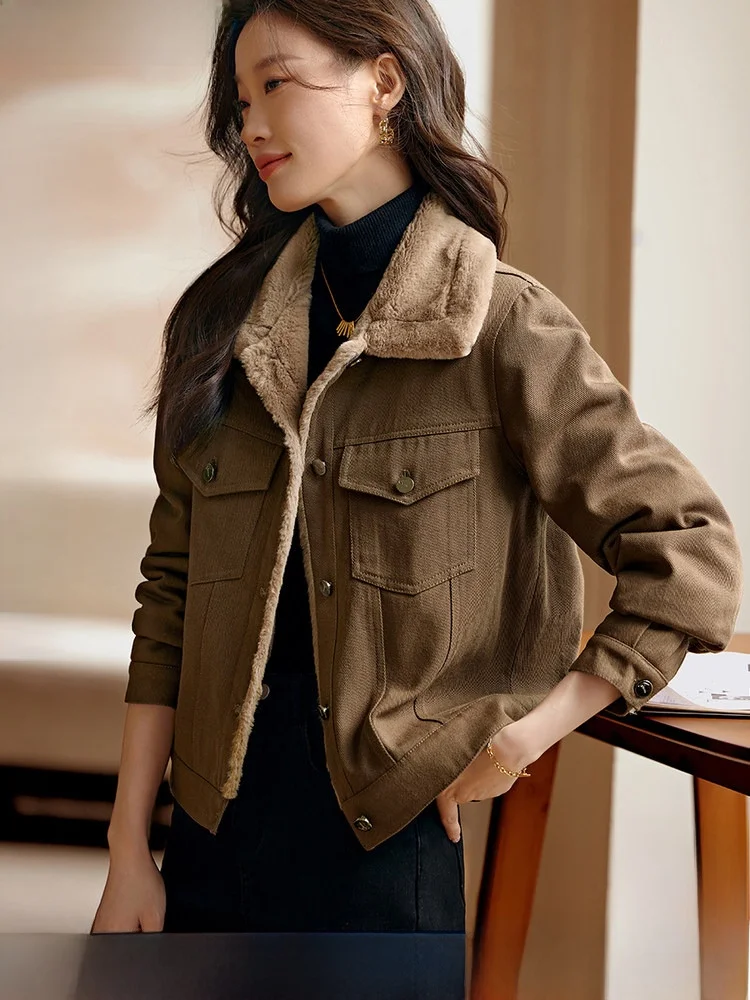 

Женская джинсовая рабочая одежда Thiened Lamb Fur Jaet, зимнее пальто, Новое поступление, Momei, смесь хлопка Regency Fiber