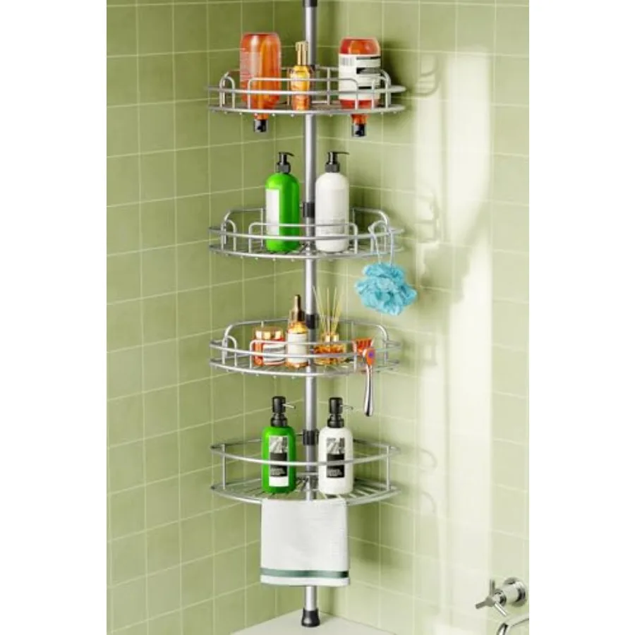 

Угловая полка для душа на телескопической штанге: 4-уровневая, устойчивая к ржавчине, регулируемая полка-органайзер для ванной комнаты – 47-121 дюйм, быстрая установка без сверления