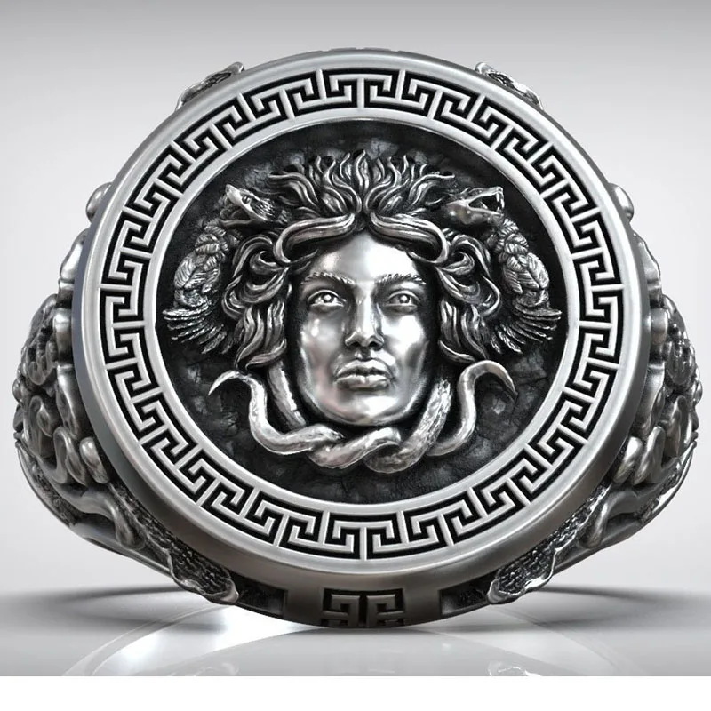 

18g Medusa Gorgona Snake Head Greek Antique Meander Pattern Signet Rings Customized 925 SOLID STERLING SILVER Many Sizes 7-13