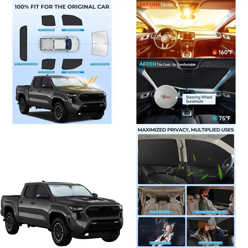 

6-Piece Privacy Sun Shade Set for 2024-2025 Toyota Tacoma, Full Coverage for Front, Side, and Rear Windows, Cools Vehicle for Ca