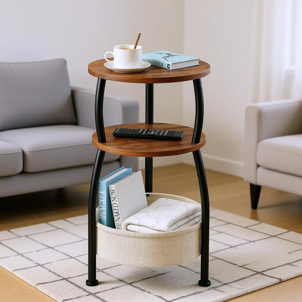 

Маленький приставной столик с корзиной для хранения, круглый 3-ярусный прикроватный столик, высота 24 дюйма, цвет рустик-коричневый, для гостиной, спальни, патио