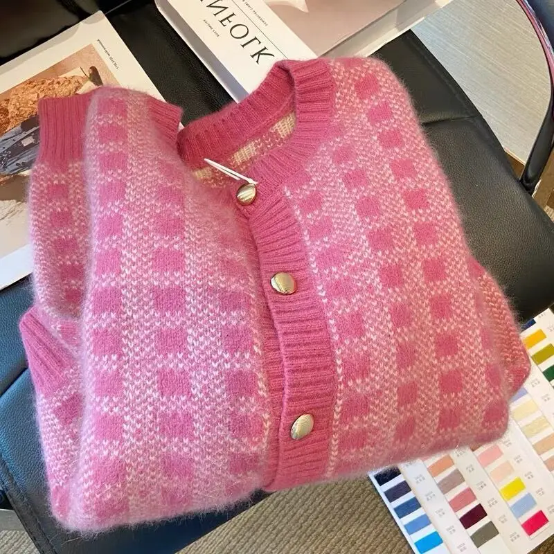 Women Clothing Pink Plaid Sweater Spring Autumn Autumn Casual Sweet Solid Knitted Cardigan Ladies Korean Fashion Coats