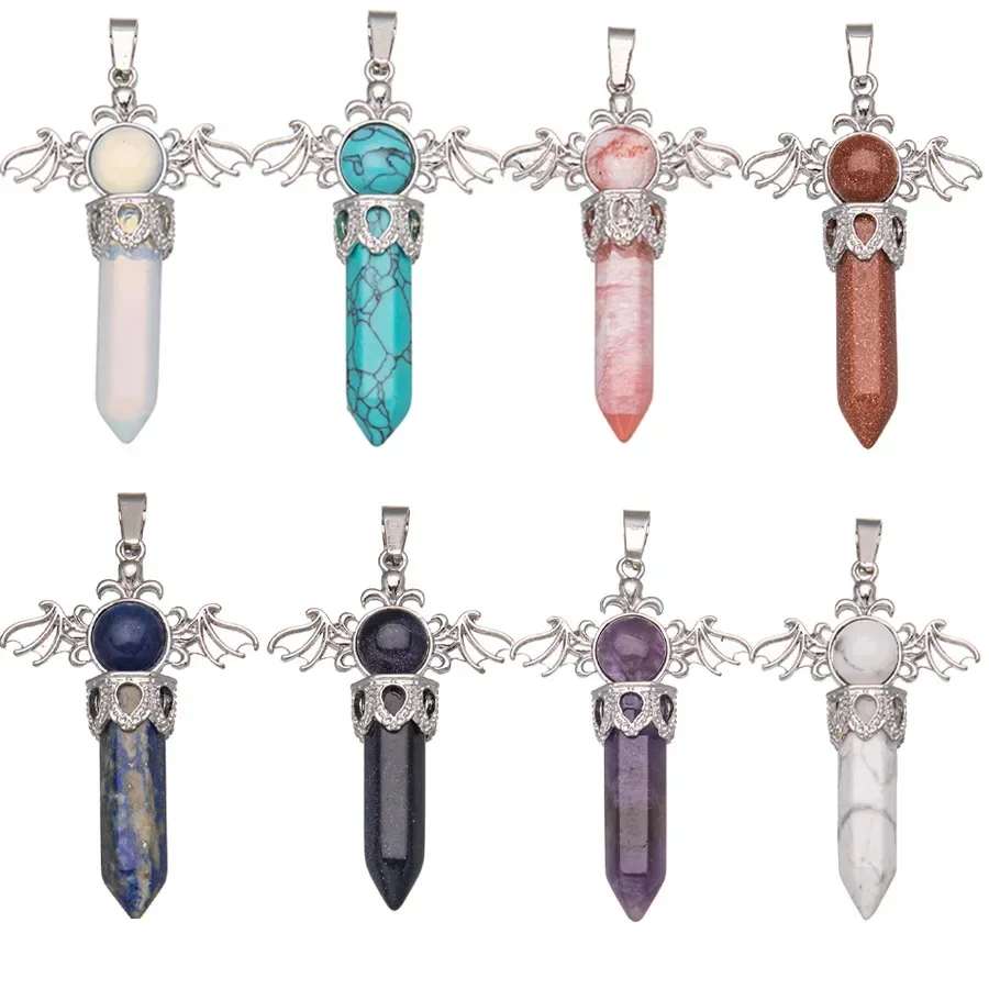 JOYA GIFTNew Hand Carved Natural Crystal Angel Wings Hexagonal pointed pillar Pendant Healing  Calm the Mood Jewelry Gift