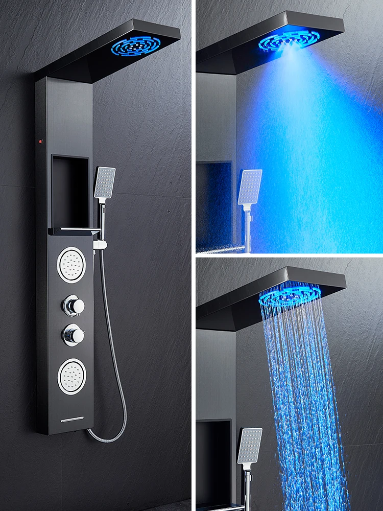 ROVATE Shower panel Tower System LDE 304 Stainless Steel Bathroom shelf Mist Rainfall System Body Jets 3-Function Handheld Black