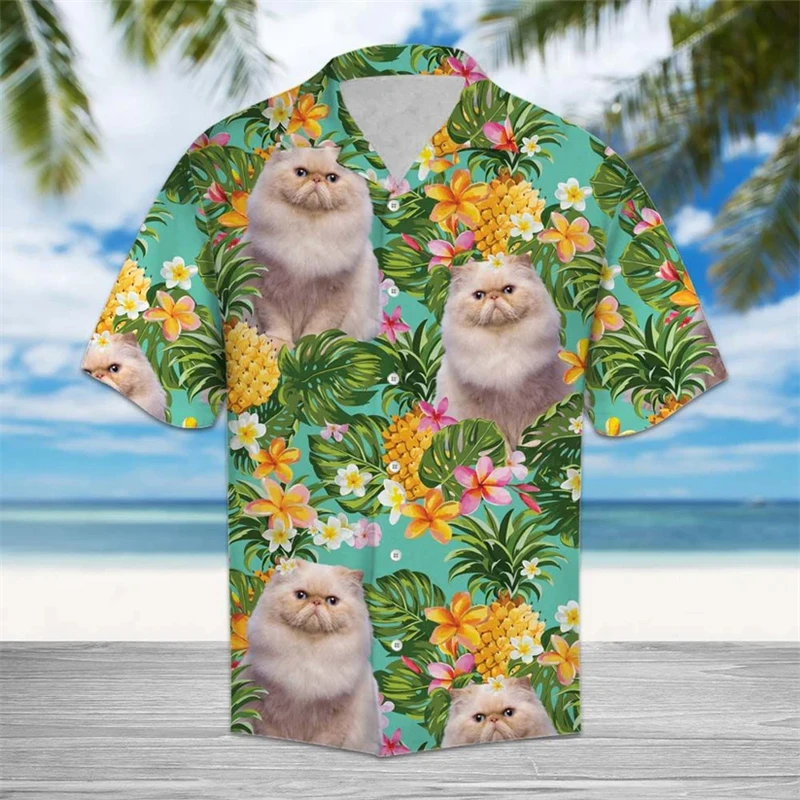 

Tropical Pineapple Cat Graphic Hawaiian Shirts Summer Fashion Short Sleeve 3D Printed Shirt Loose Breathable Cat Lover Blouse