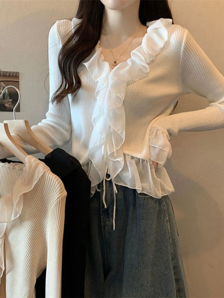 Knitted Sweater Women V Neck Ruffles Flowers Irregular Split Slim Flare Long Sleeve Crop Top Female Elegant Sexy Pullover