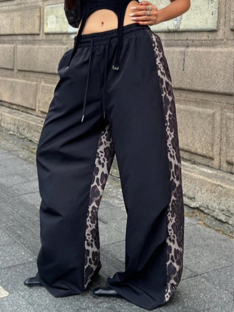 Trendy American patchwork leopard print fashionable niche casual pants high street style trendy high waist wide leg long pants