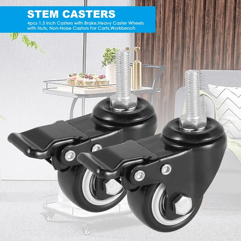 Stem Casters,1.5 Inch Casters Set Of 4 With Brake,Heavy Caster Wheels With Nuts, Non-Noise Castors For Carts,Workbench