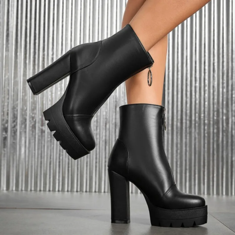 

Women Elastic Band Autumn Ankle Chelsea Boots Square Heel Platform Female Shoes Super High Heels Winter Short Plush Boot Ladies