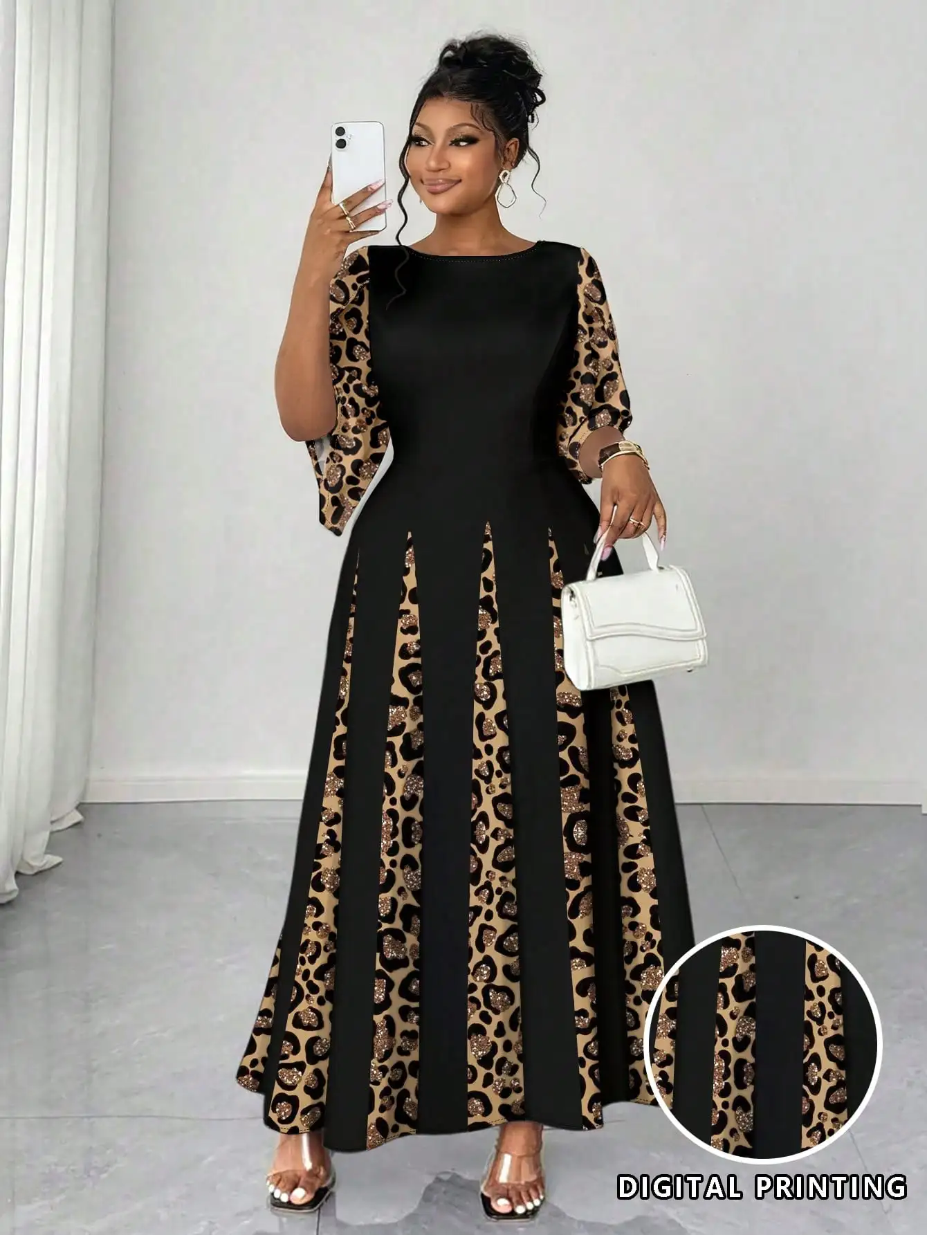

Женское платье макси с леопардовым принтом и рукавами-колокол, элегантное для вечеринок и повседневной носки