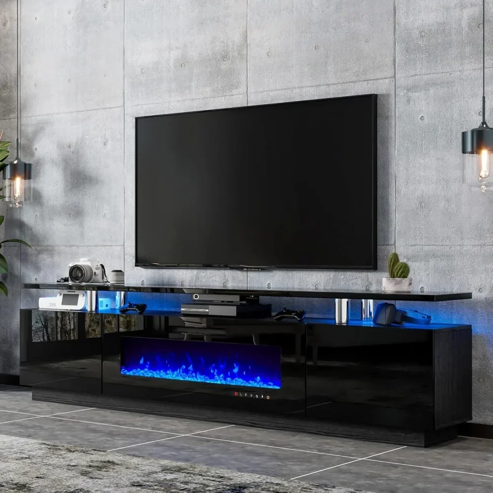 

80" Fireplace TV Stand, Modern High Gloss Finish Media Console with 40" Electric Fireplace, Open Storage Entertainment Center