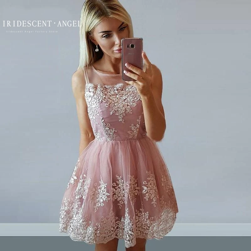 Iridescent A-Line Short Cheap Appliques Sleeveless Scoop Homecoming Dresses Mini Cocktail Party Dresse Vestido De Graduación