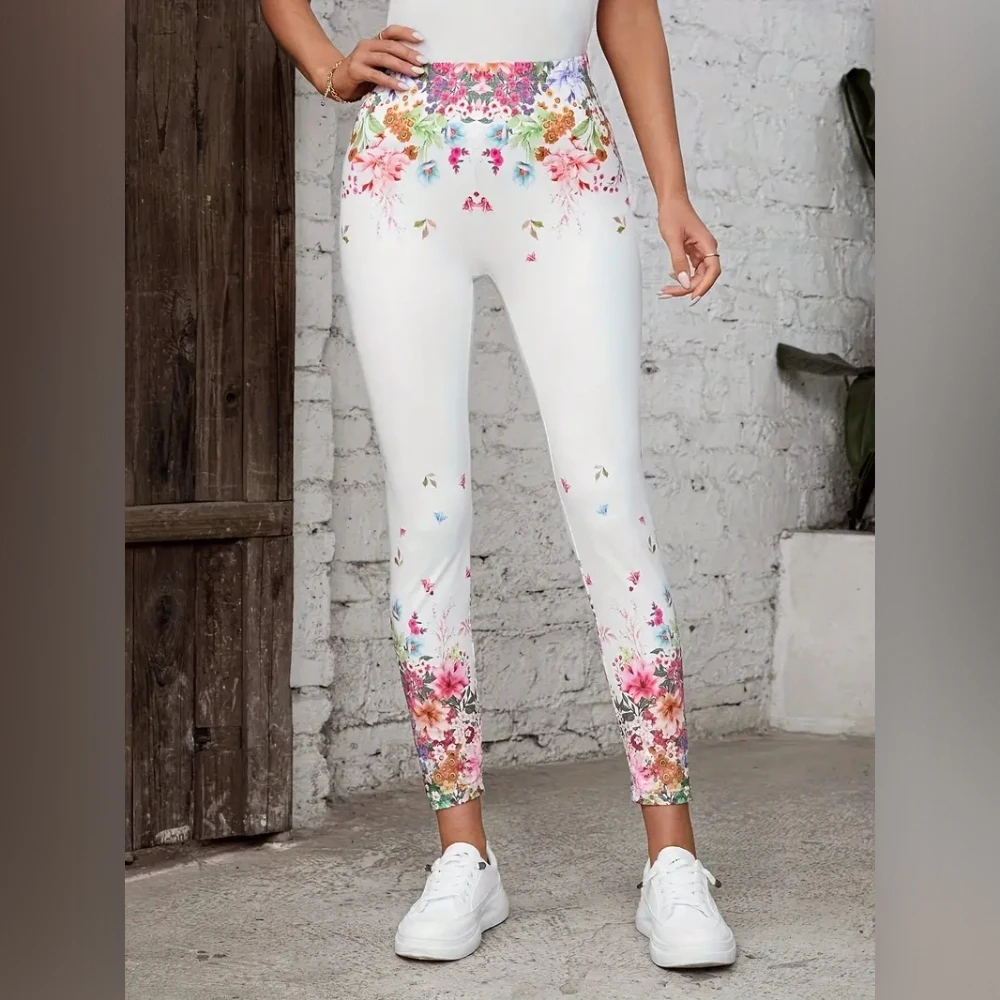 Plant-flower print elastic elastic waist slim-fit leggings for women