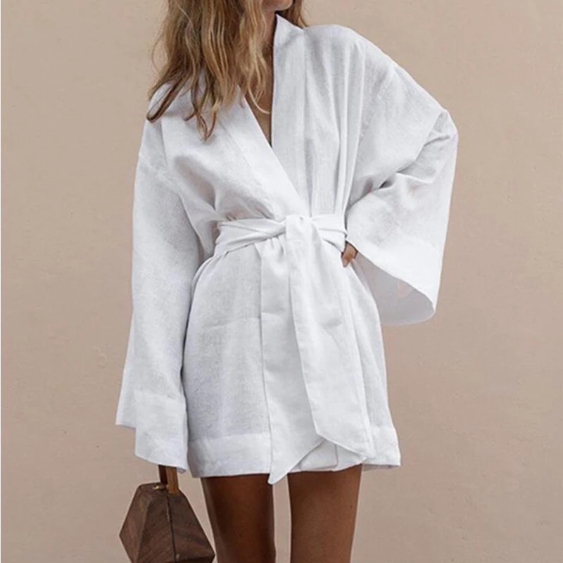 Women's Elegant Solid Cotton Linen Robe Long Sleeve Belt For Casual And Formal Occasions Bathrobe Simple Japan Style Kimono image 4